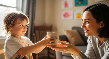 A cute toddler proudly handing a handmade, painted clay cup to a smiling woman in a sunlit room. The background features children's artwork, suggesting a home or classroom setting focused on creativity, bonding, and early childhood development.の素材