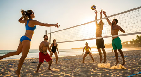 A group of energetic friends plays beach volleyball during a golden sunset. Players jump to block and spike the ball at the net, capturing the excitement of summer sports and active lifestyles.の素材