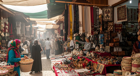 A bustling traditional market street or souk filled with hanging carpets, textiles, and handcrafted goods. Locals and tourists wander through the alleyway, browsing the vibrant displays of pottery and cultural artifacts.の素材