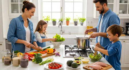 A happy family of four cooking a healthy meal together in a bright, modern kitchen. The parents and two children are actively preparing vegetables, chopping ingredients, and stirring a pot, enjoying quality time and bonding over food preparation.の素材