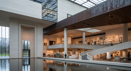 A spacious modern art museum interior featuring a grand spiral staircase and a calm reflecting pool. The minimalist architecture combines concrete, glass, and wood elements, creating a serene atmosphere for exhibitions.の素材