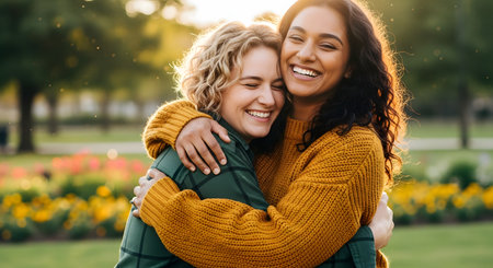 Two diverse female friends hug each other tightly and smile with closed eyes in a sunny park at sunset. The backlit image captures the warmth of friendship, genuine connection, and shared happiness outdoors.の素材