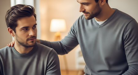 A compassionate man places a supportive hand on the shoulder of his sad and concerned male friend. The image captures a moment of empathy, emotional support, and serious conversation between two men in an indoor setting.の素材