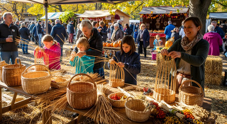 A group of adults and children engaged in a basket weaving workshop at an outdoor autumn market. The scene shows participants crafting wicker baskets with straw materials, surrounded by a festive fall atmosphere.の素材