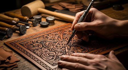 Close-up of an artisan's hands using a metal tool to carve an intricate floral and Celtic knot design into a piece of leather. The image highlights the detailed craftsmanship and traditional skills involved in leatherworking on a wooden workbench.の素材