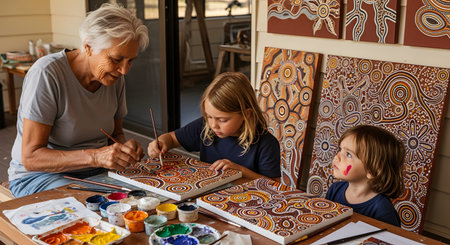 A grandmother and two grandchildren engage in a creative painting session, working on canvases with aboriginal-style dot patterns. They sit at a table with various paints, bonding over art and cultural expression.の素材