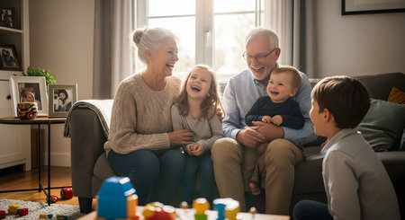 A joyful multi-generational family scene with grandparents laughing and playing with their grandchildren on the sofa and floor. The image captures genuine happiness, connection, and strong family bonds in a cozy home setting.の素材