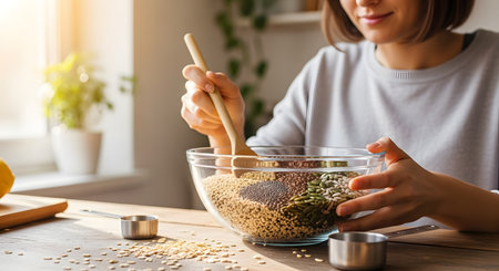 A close-up of a woman mixing various healthy grains and seeds, including quinoa and pumpkin seeds, in a glass bowl. She uses a wooden spoon in a bright kitchen setting, emphasizing healthy cooking and nutrition.の素材