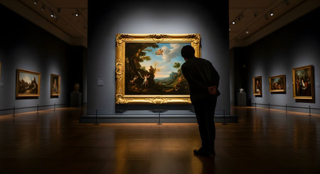 A male visitor stands in a dark museum gallery, admiring a large, gold-framed classic oil painting. The artwork is illuminated by a spotlight, drawing the viewer's attention while the rest of the room remains in shadow. The scene captures a moment of cultural appreciation and contemplation.の素材