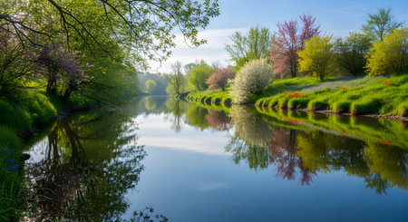 A serene spring landscape featuring a calm river flowing between green banks lined with blooming trees in pink, white, and yellow. The blue sky and colorful foliage are reflected in the water, creating a peaceful nature scene.の素材