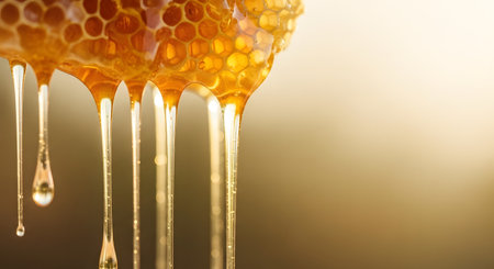 Golden honey drips slowly from a piece of fresh honeycomb against a warm, blurred background. The macro shot highlights the sticky texture and amber color of the organic sweetener, evoking a sense of natural purity.の素材