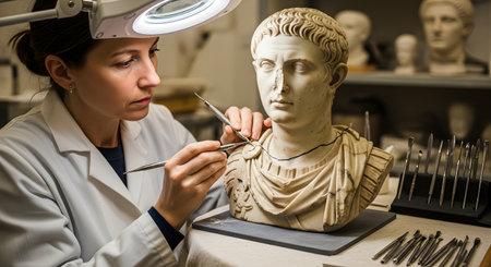A professional female art conservator carefully cleans and restores a classical marble bust of a Roman figure using a precision tool. She works in a studio equipped with a magnifying lamp, focusing intensely on the preservation of the historical artifact.の素材
