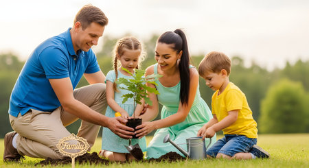 A smiling family of four, including a father, mother, daughter, and son, plants a young oak tree sapling in a grassy park. They are kneeling on the grass, using a trowel and watering can, teaching children about nature and environmental care.の素材