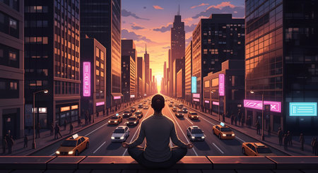 A digital illustration of a person meditating in a lotus position on a rooftop edge, overlooking a busy city street at sunset. The scene contrasts the calm mindfulness of the individual with the chaotic traffic and towering skyscrapers below.の素材