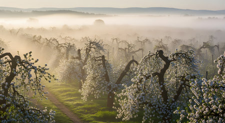A breathtaking landscape of an apple orchard in full bloom, shrouded in morning mist during a golden sunrise. The rows of gnarled trees with white flowers create a magical and serene agricultural scene in the spring.の素材