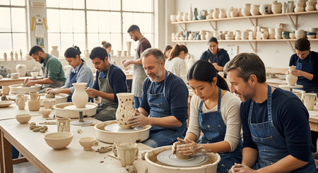 A diverse group of adults participating in a pottery class, sitting at wheels and sculpting clay vessels. The bright and airy studio is filled with shelves of ceramic works, focusing on a man and woman enjoying the creative process in the foreground.の素材