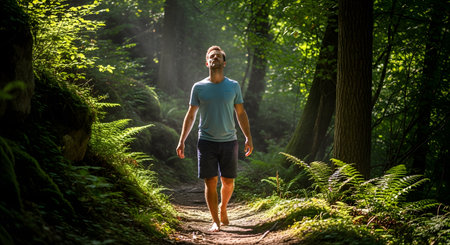 A man walks barefoot along a dirt path in a dense, green forest, soaking in the peaceful atmosphere. Sunlight streams through the canopy of trees, illuminating the scene as he enjoys a moment of connection with nature and mindfulness.の素材