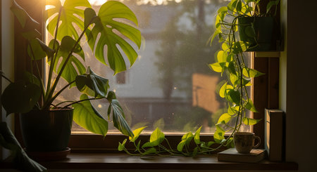 A collection of lush green potted plants, including a monstera and pothos, arranged on a windowsill bathed in warm golden sunlight. A small cup and a closed book sit nearby, creating a peaceful and aesthetic corner for reading and relaxation.の素材