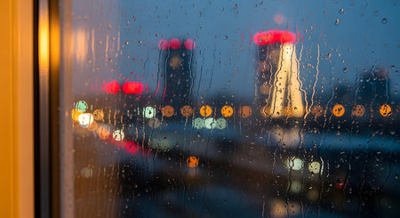 Raindrops cling to a windowpane at night, obscuring the view of a city skyline. The background is a blur of colorful bokeh lights from buildings and traffic, creating a moody and atmospheric urban scene.の素材