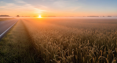 A stunning sunrise illuminates a golden wheat field covered in morning mist next to an empty asphalt road. The scene captures the peaceful beauty of the countryside during the golden hour.の素材