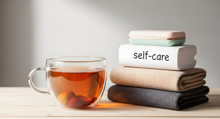 A soothing wellness composition featuring a glass cup of tea, folded towels, and a book with the text self-care. The minimalist setting evokes relaxation, mental health, and pampering.の素材