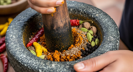 Close-up view of hands using a pestle to grind turmeric, cumin, and other spices in a traditional stone mortar. The process highlights the preparation of authentic culinary ingredients with various whole spices scattered around.の素材