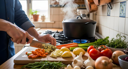 A man cutting fresh vegetables like carrots and potatoes on a wooden board in a home kitchen. Steam is rising from a pot on the stove in the background.の素材