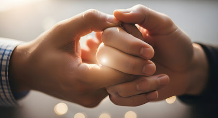 A close-up of two hands holding each other tightly, illuminated by a soft backlight. The image conveys strong themes of support, love, trust, and emotional connection between two people.の素材