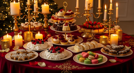 A lavishly set table displays an assortment of festive desserts including cakes, tarts, and cookies, illuminated by candlelight. The background features a Christmas tree with lights, enhancing the warm and celebratory holiday atmosphere.の素材