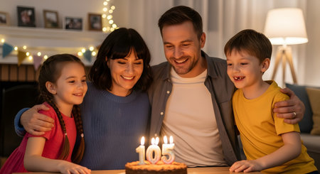 A happy family of four consisting of parents and two young children celebrating a birthday together. They are smiling warmly around a chocolate cake with lit candles, creating a cozy and joyful atmosphere.の素材