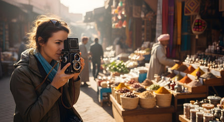 A female photographer captures a moment using a vintage twin-lens reflex camera in a vibrant and bustling outdoor market. The scene features warm sunlight illuminating colorful sacks of spices and traditional textiles hanging in the background.の素材