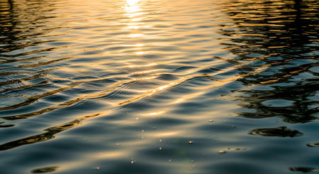 An abstract close-up of gentle water ripples reflecting the golden light of the setting sun. The image creates a soothing texture and pattern.の素材