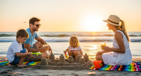 A happy family sitting on a sandy beach building a large sandcastle together during a golden sunset. The ocean waves gently roll in the background as parents and children enjoy quality vacation time by the sea.の素材