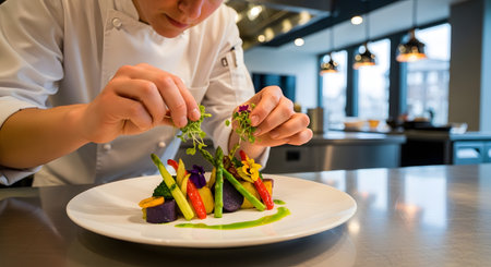 A professional chef meticulously places microgreen garnishes on a colorful gourmet vegetable dish using tweezers. The scene takes place in a bright, modern commercial kitchen, highlighting culinary precision.の素材