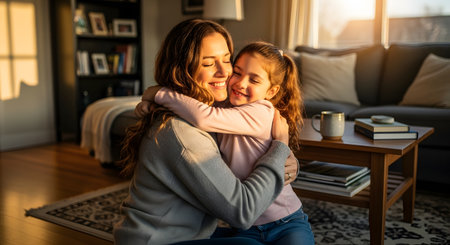 A loving mother embraces her smiling young daughter on the floor of a cozy living room bathed in golden sunset light. The warm atmosphere highlights the affectionate bond and happiness shared between the parent and child.の素材