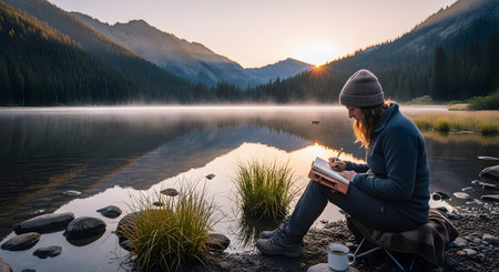 A woman sits on a camping stool by a calm mountain lake at sunrise, writing in a journal. Mist rises from the water and golden light touches the mountain peaks, creating a serene environment for reflection and creativity in nature.の素材