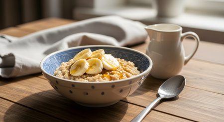 A blue bowl of oatmeal topped with fresh banana slices and a drizzle of honey, placed on a wooden table. A milk jug and spoon accompany the dish, creating a wholesome and inviting breakfast scene.の素材