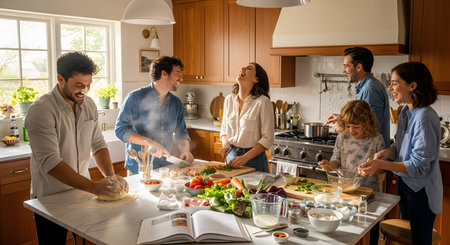 A large happy family including parents and children laughs while cooking and preparing dough in a bright home kitchen. The scene is lively and messy with flour and fresh ingredients representing a fun bonding moment.の素材