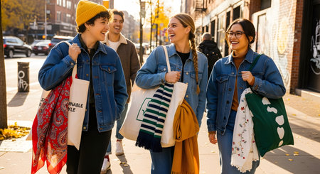 A cheerful group of diverse young friends walks down a sunny city street carrying tote bags. They are laughing and talking, enjoying an urban day out, possibly shopping or going to a market.の素材