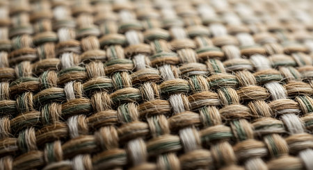 A macro close-up view of a woven fabric texture showing the intricate interlocking of green, beige, and white threads. The detailed shot highlights the rough, natural quality of the textile material.の素材