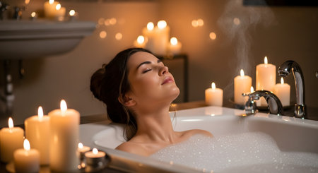 A beautiful woman relaxes with her eyes closed in a bubble bath surrounded by glowing candles. The tranquil spa setting evokes feelings of wellness, self-care, and deep relaxation.の素材