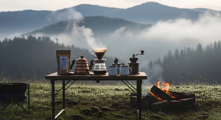 A serene outdoor camping scene featuring a pour-over coffee setup on a wooden table. The image includes a copper kettle, coffee grinder, and enamel mugs against a backdrop of misty mountains and a small campfire, capturing the essence of adventure and relaxation.の素材