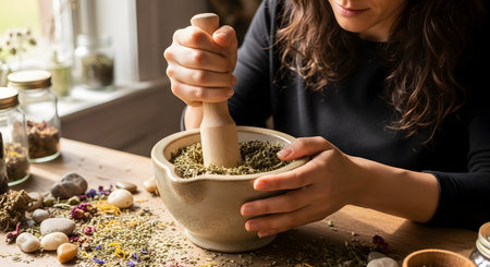 A woman using a wooden pestle to grind dried herbs in a ceramic mortar. The table is scattered with various natural ingredients, suggesting herbal medicine or cooking.の素材