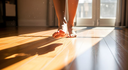 Close-up of bare feet walking across a polished hardwood floor illuminated by warm morning sunlight casting long shadows. The image conveys a sense of comfort, cleanliness, and a relaxed domestic lifestyle at home.の素材