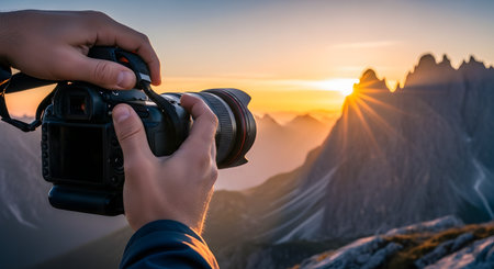 Close-up of hands holding a professional DSLR camera, capturing a photo of a stunning mountain landscape at sunrise. The sun peeks over jagged peaks, casting a warm glow.の素材