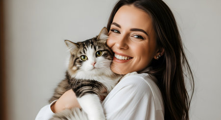 A portrait of a beautiful young woman smiling broadly while hugging her fluffy cat. The image conveys deep affection and the bond between pet and owner.の素材