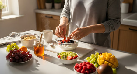 A woman prepares a healthy breakfast bowl in a sunlit kitchen, carefully adding fresh strawberries to yogurt and granola. A variety of fresh fruits like grapes, mango, and raspberries are arranged on the counter, emphasizing a nutritious lifestyle.の素材