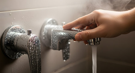 A hand adjusts a modern chrome shower faucet, turning on the hot water as steam rises against a tiled background. The image captures the concept of hygiene, daily routine, and temperature control in a bathroom.の素材
