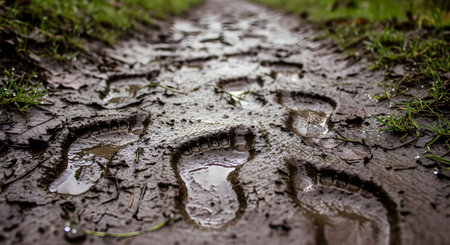 Close-up of muddy footprints on a wet dirt path after rain. The track leads into a blurred green background, symbolizing a journey or hiking adventure in nature.の素材