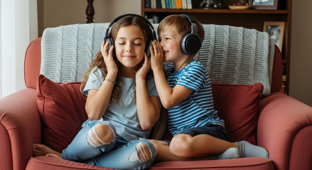 Two cute children sit on a sofa, with a girl listening to music on large headphones while a boy whispers to her. The scene captures a playful and bonding moment between siblings enjoying technology at home.の素材